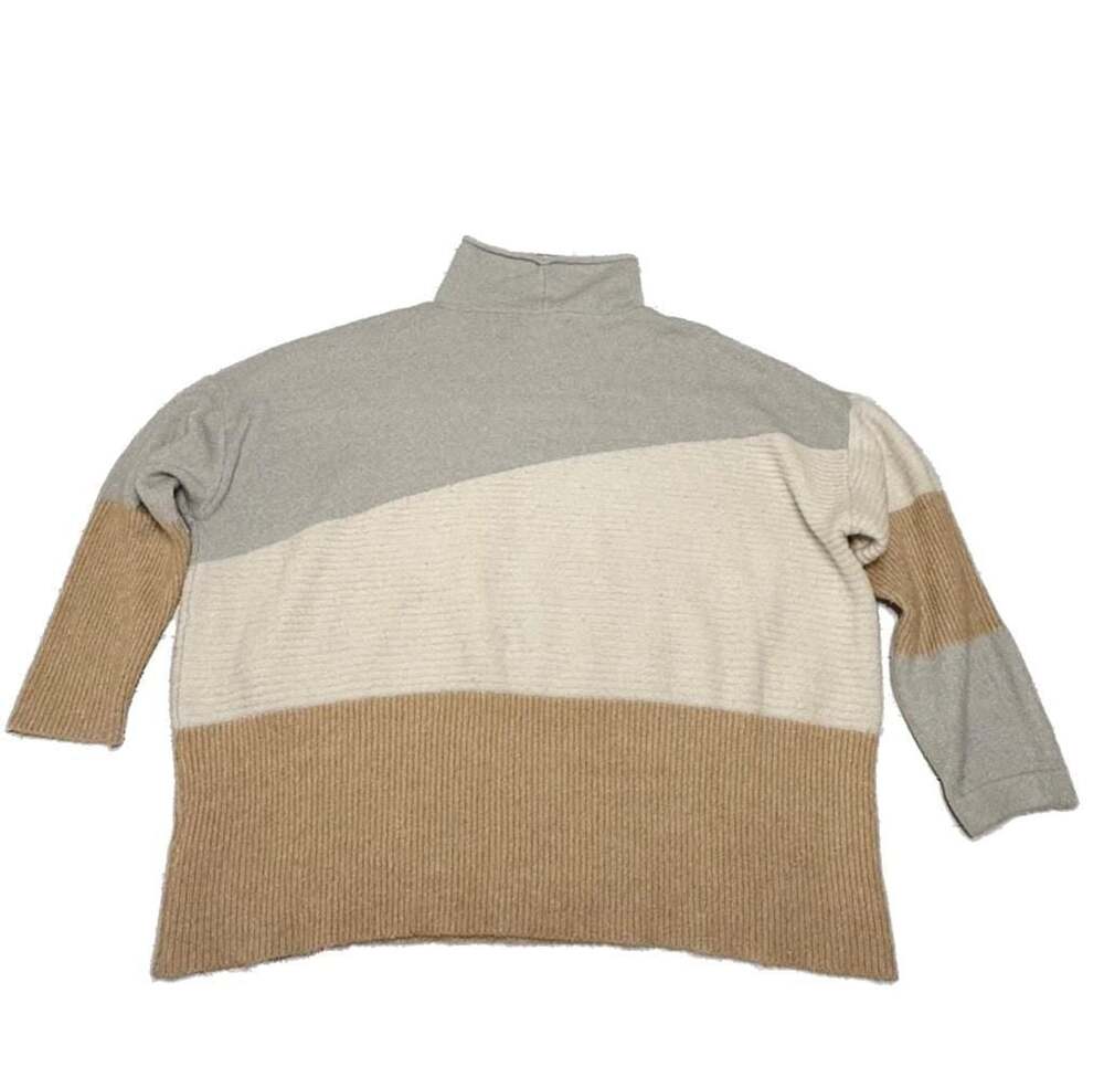 Absolutely Famous Colorblock Ribbed Mock Neck Sweater, Gray Cream Camel Sz 3XL